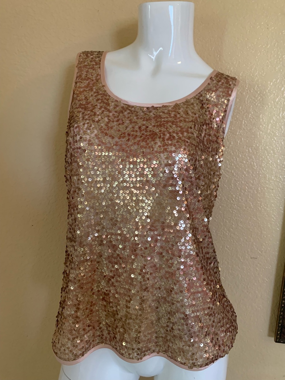 Chico's Rose Gold Sequin- Embellished Tank Top With Pale Pink Satin Trim